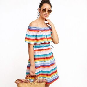 Anthro 4OUR Dreamers Rainbow Stripe Linen Blend Off Shoulder Dress S